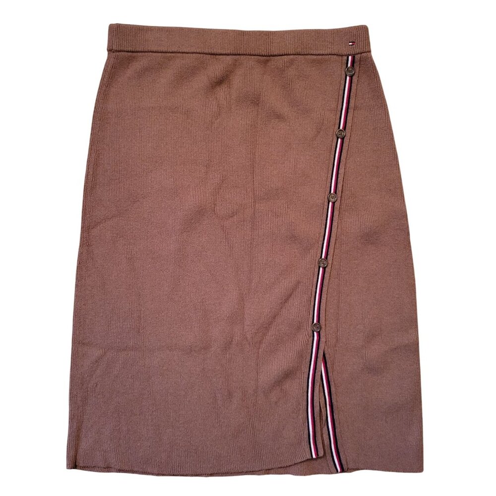 Tommy Hilfiger Brown Knit Skirt Buttons Striped Trim L‎ Front Slit